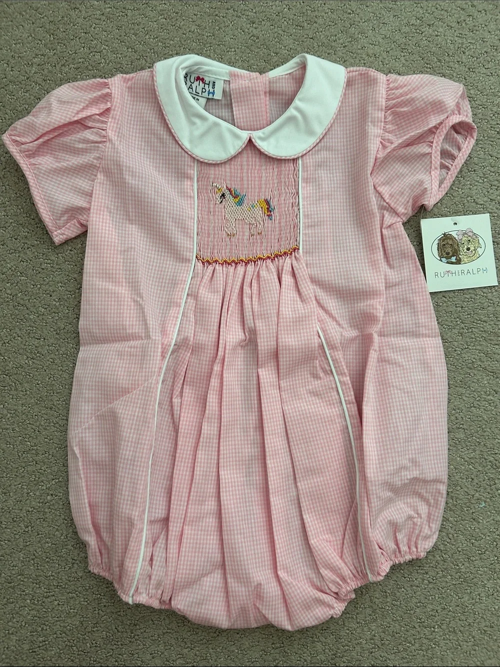 NWT Ruth & Ralph Pink Gingham Smocked Unicorn Bubble